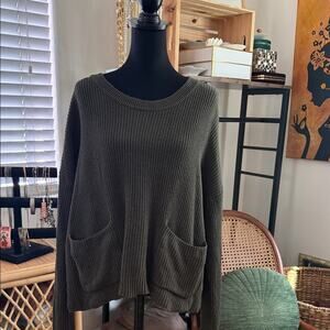 Madewell Wisteria Olive Green Ribbed Knit Patch Pocket Preppy Popover Sweater